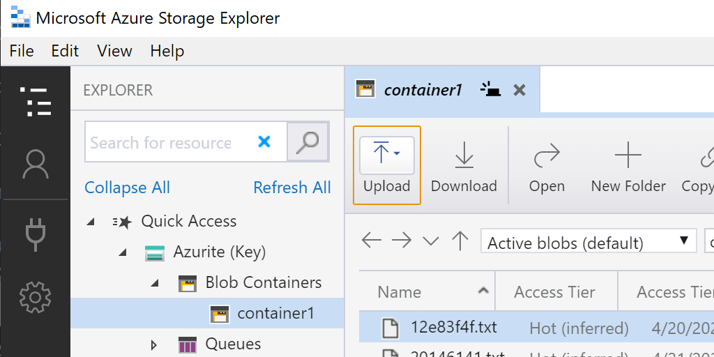 'Blobs in storage explorer'