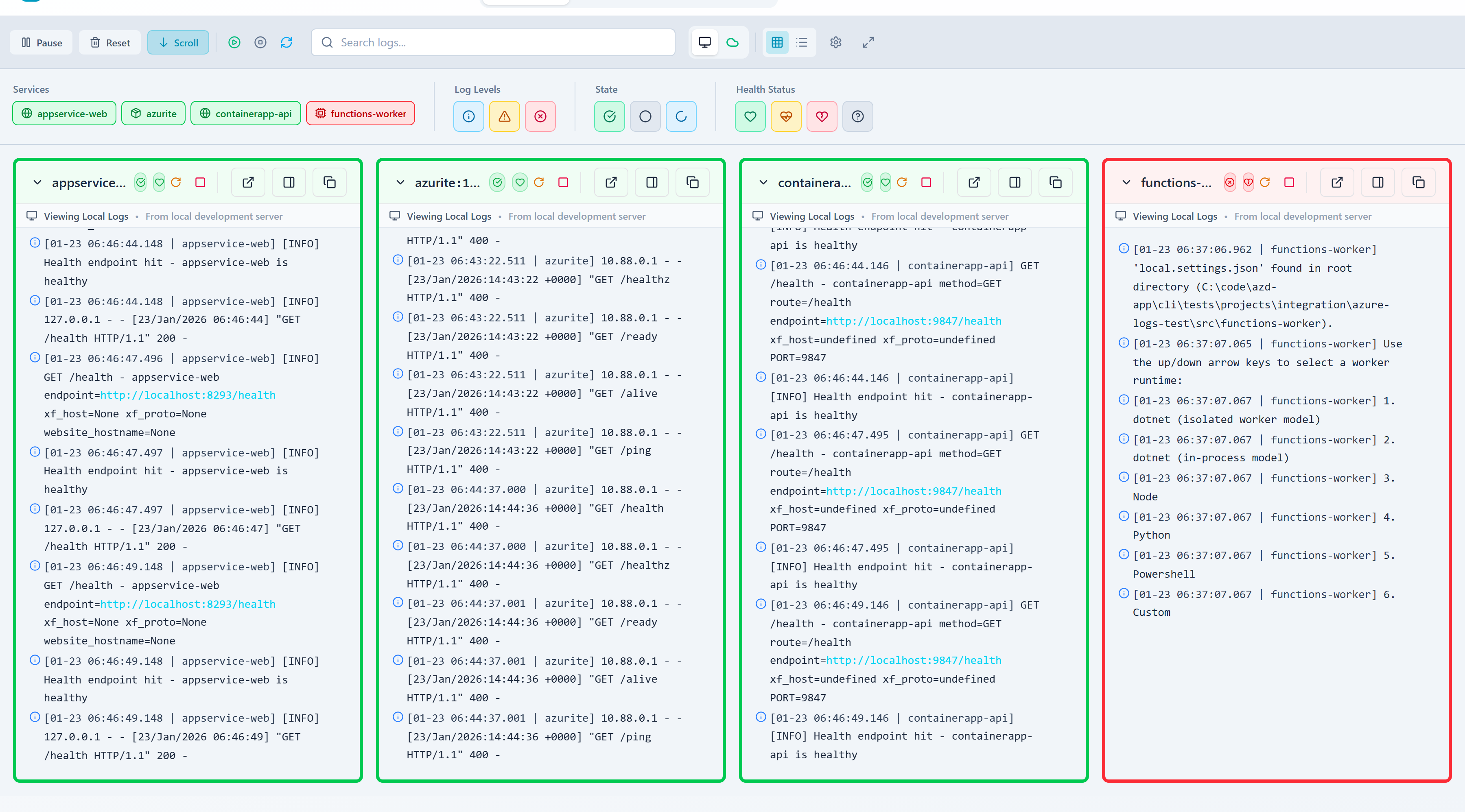 Console view with log streaming from all local services