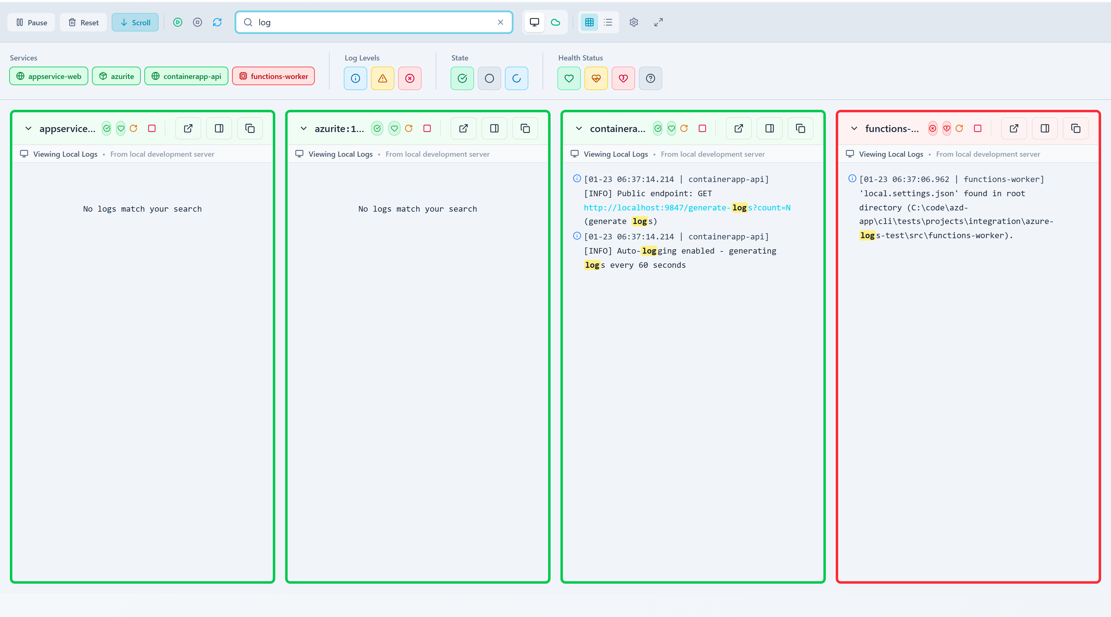 Log search highlighting errors across all services with real-time filtering