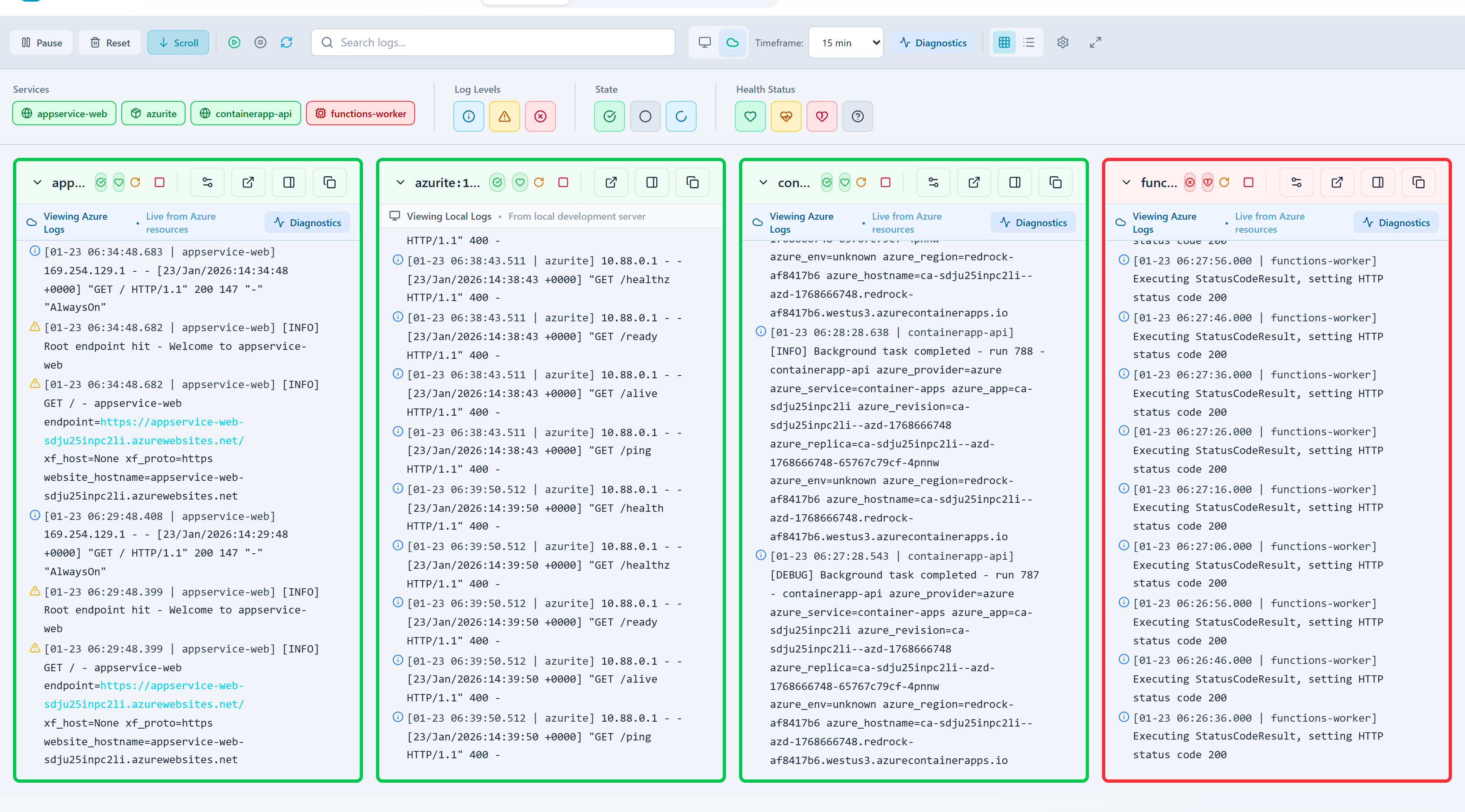 Azure Container Apps and App Service logs streaming into local dashboard in real-time