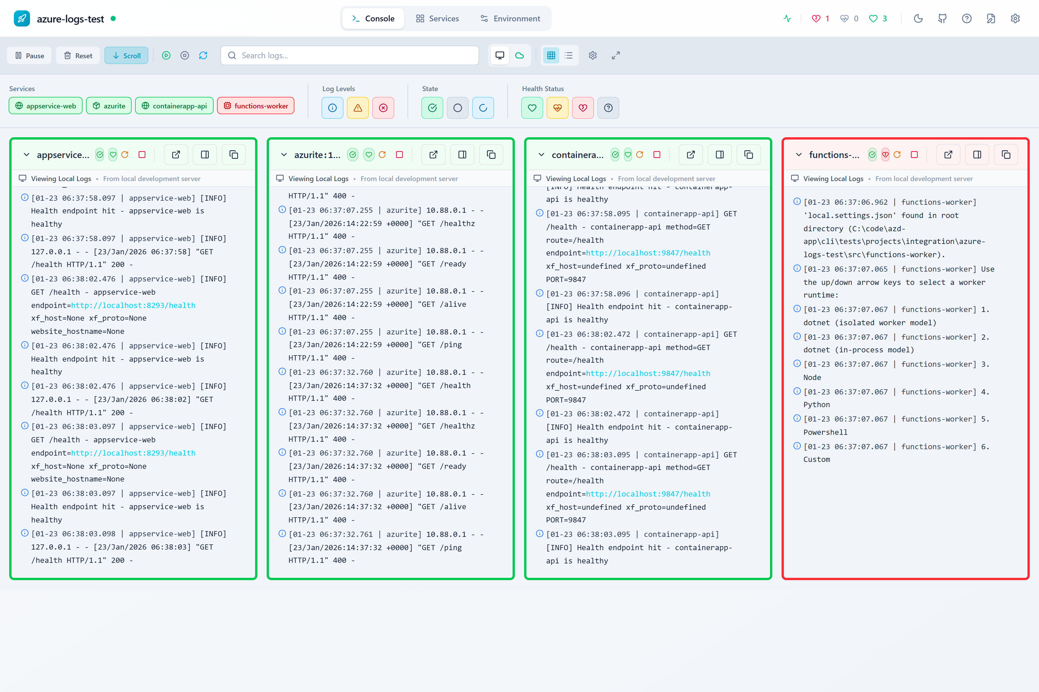 Dashboard showing all services running locally