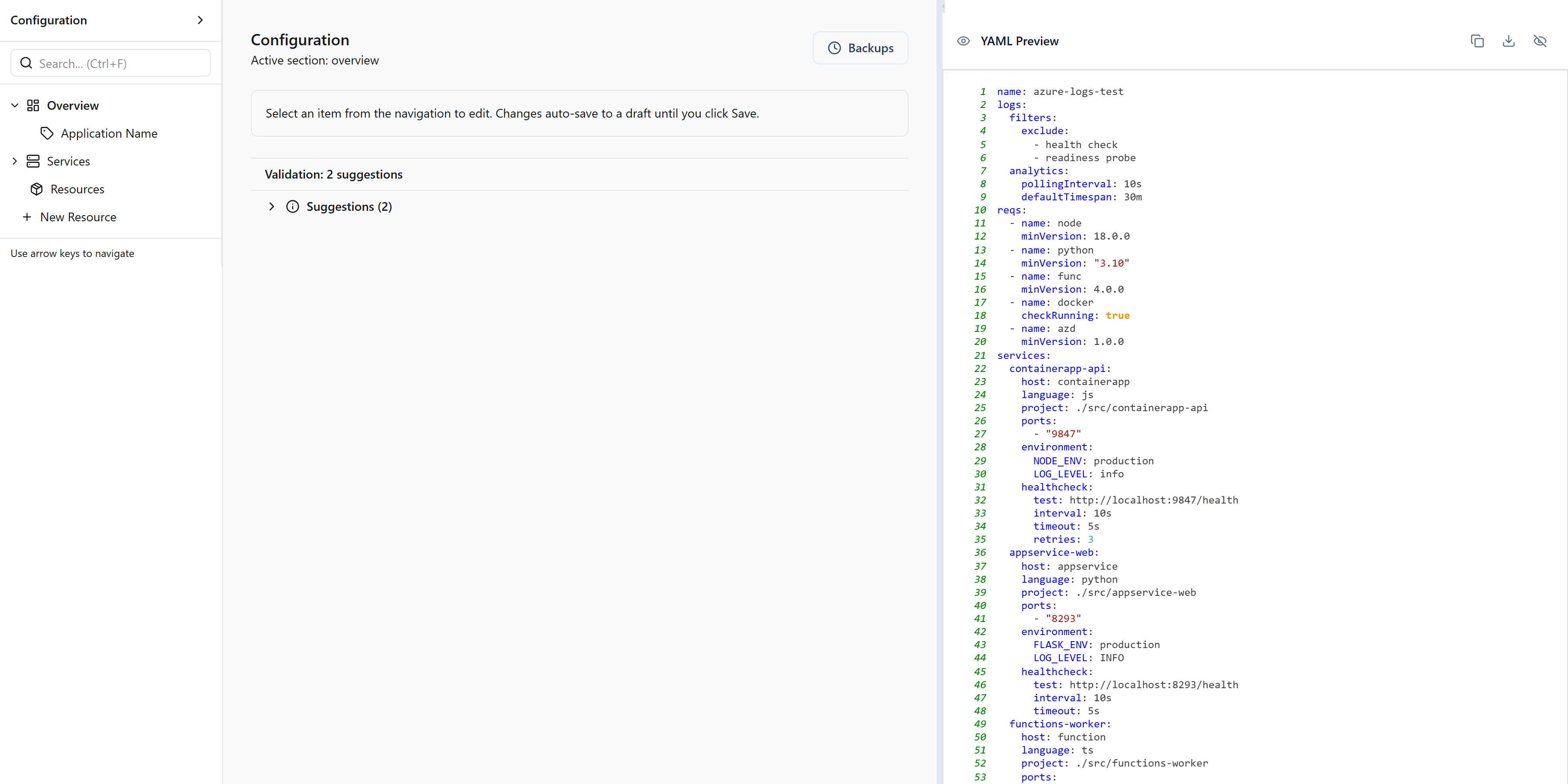 Form view showing schema-driven form fields for editing service properties