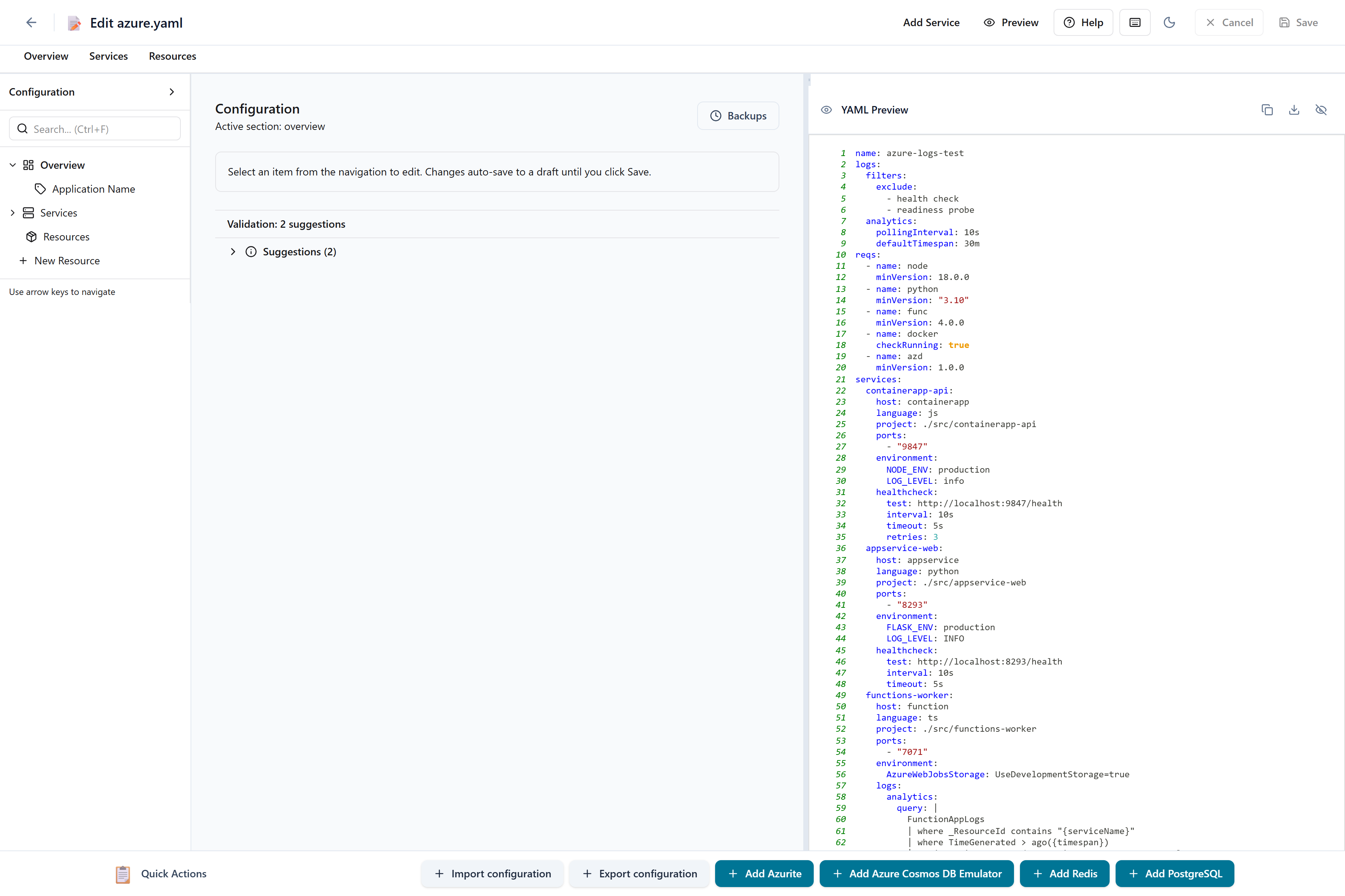 Visual editor for azure.yaml with form fields, validation, and live YAML preview
