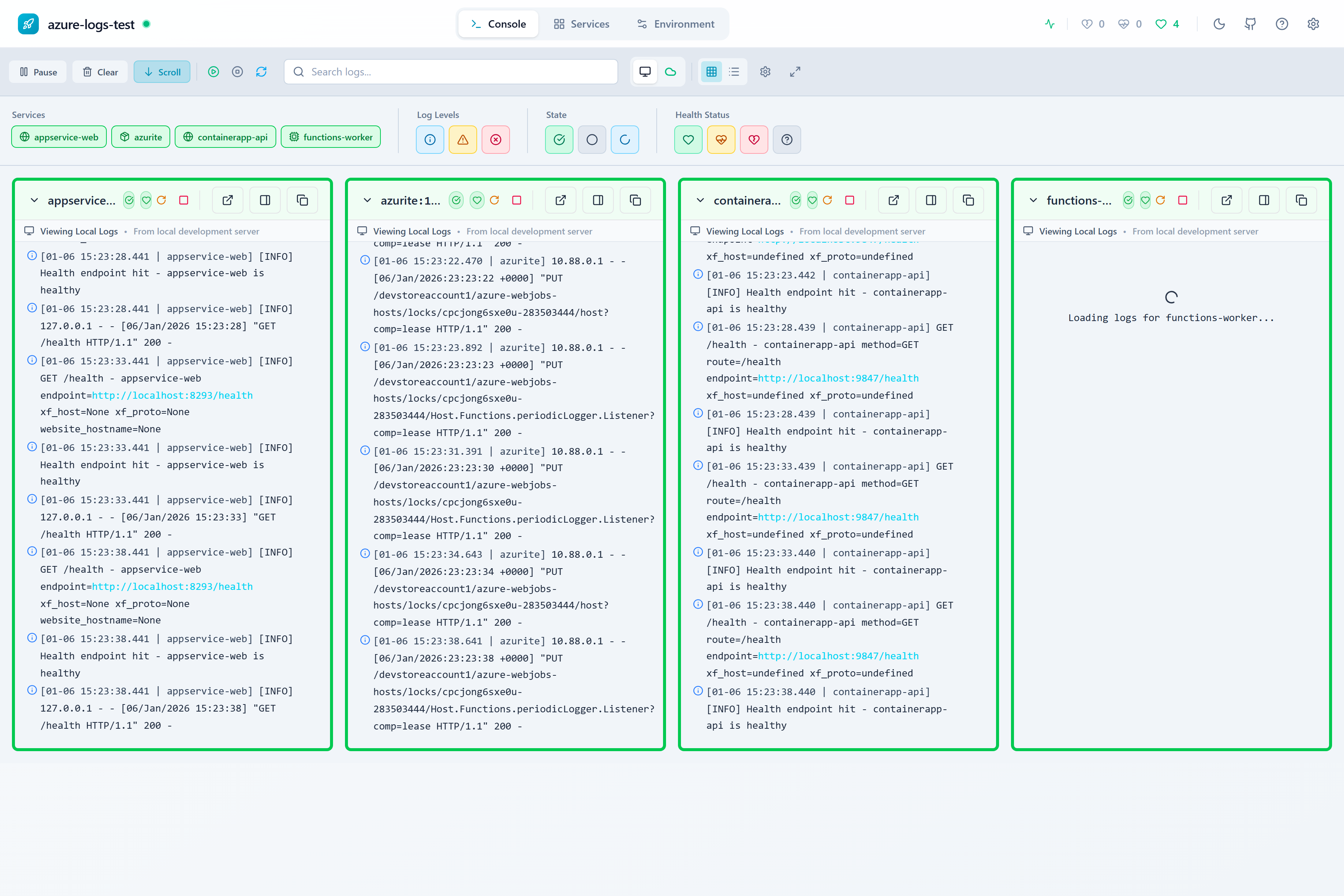 Console view showing real-time logs from all services with filtering options