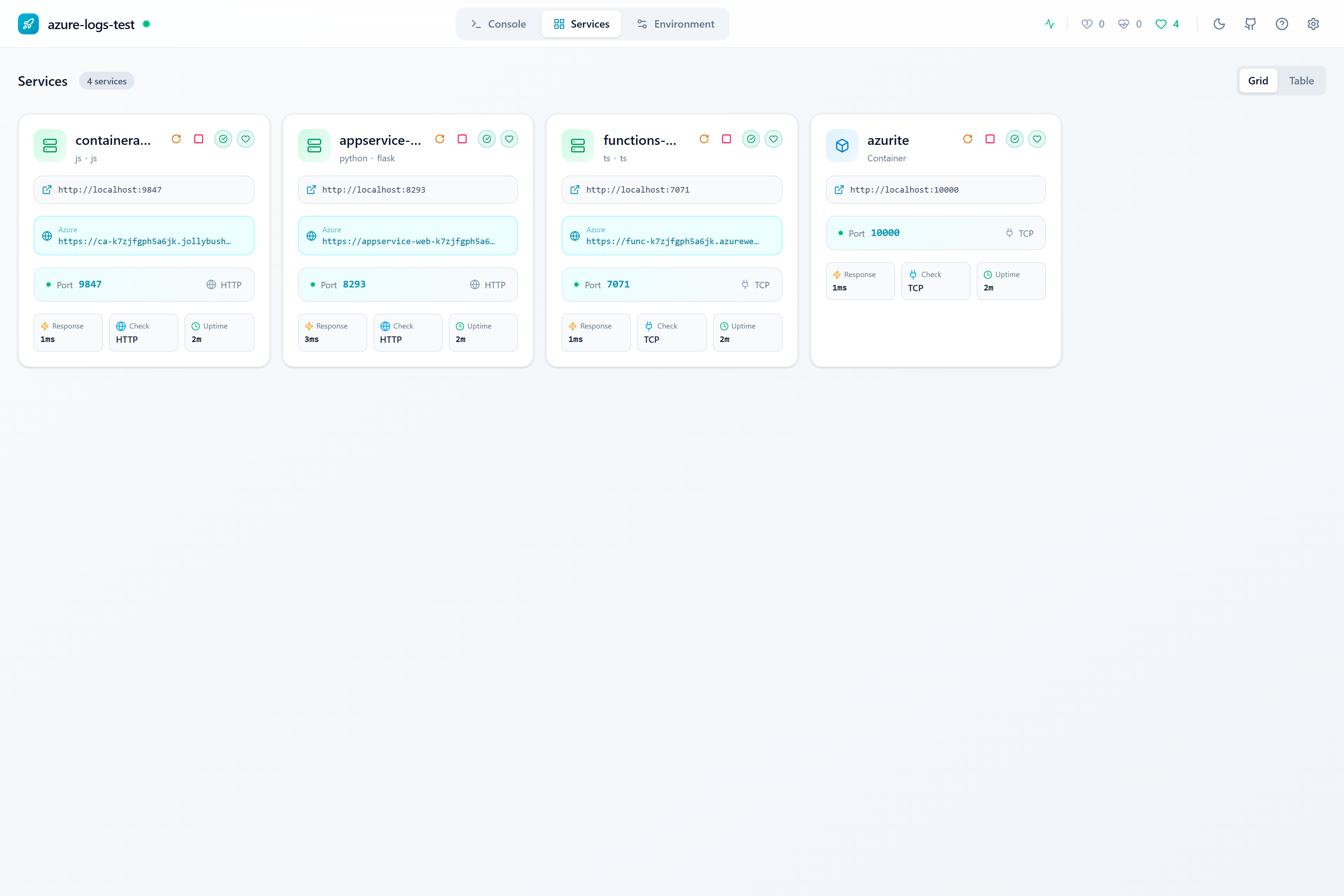 Services view showing services as cards with detailed status information