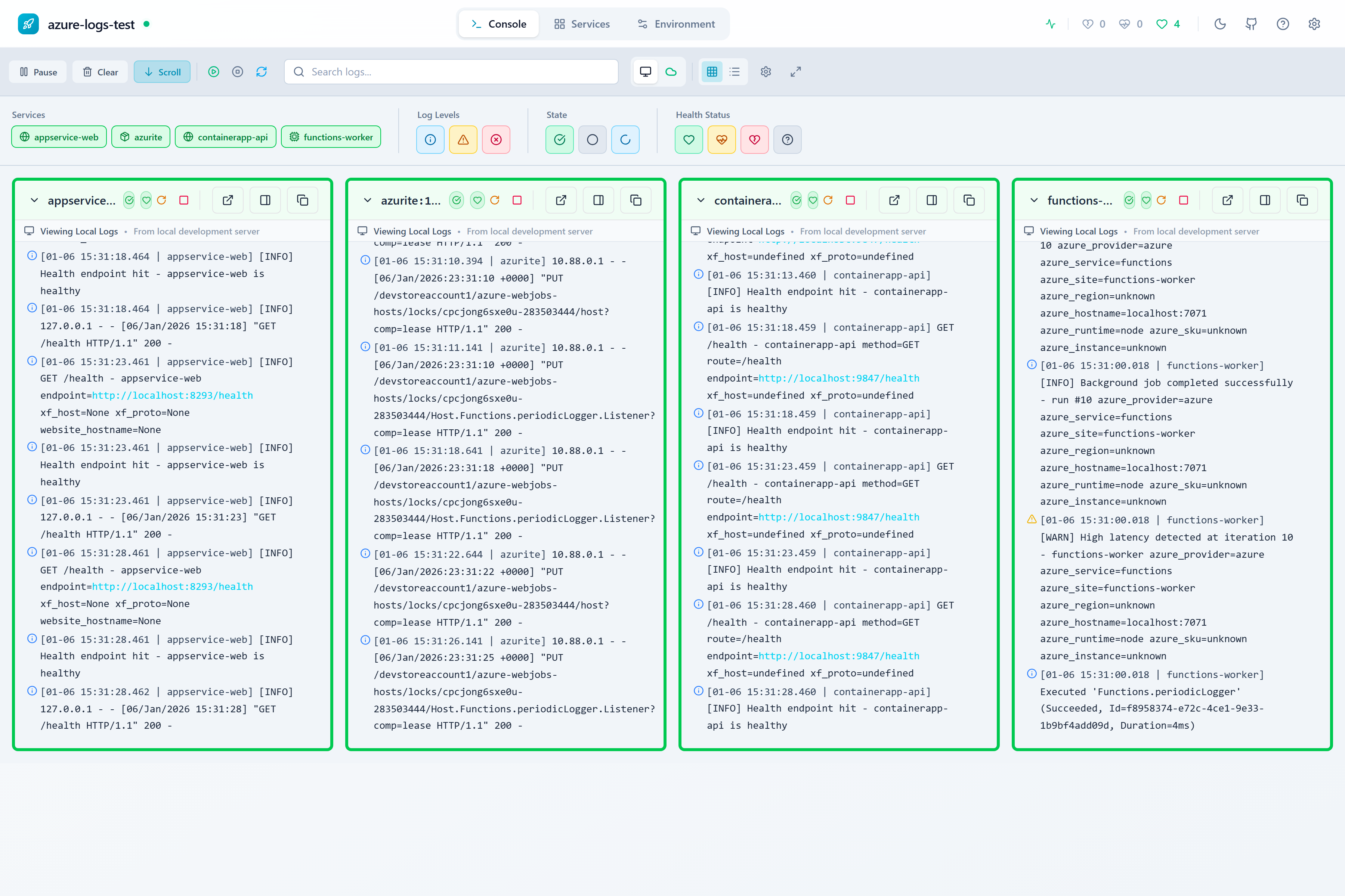 Console view with log streaming from all local services