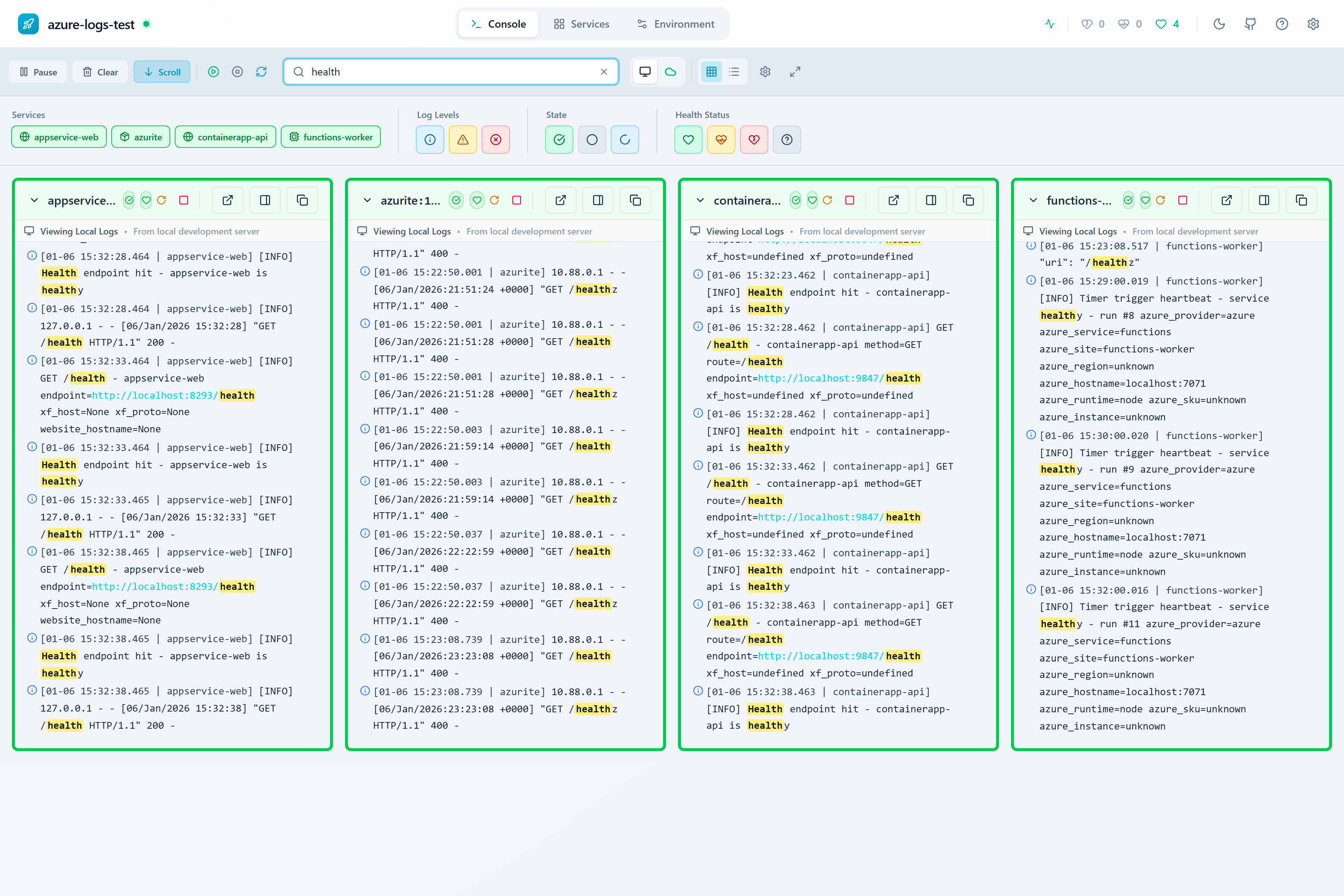 Console log search with filtering by service and search term