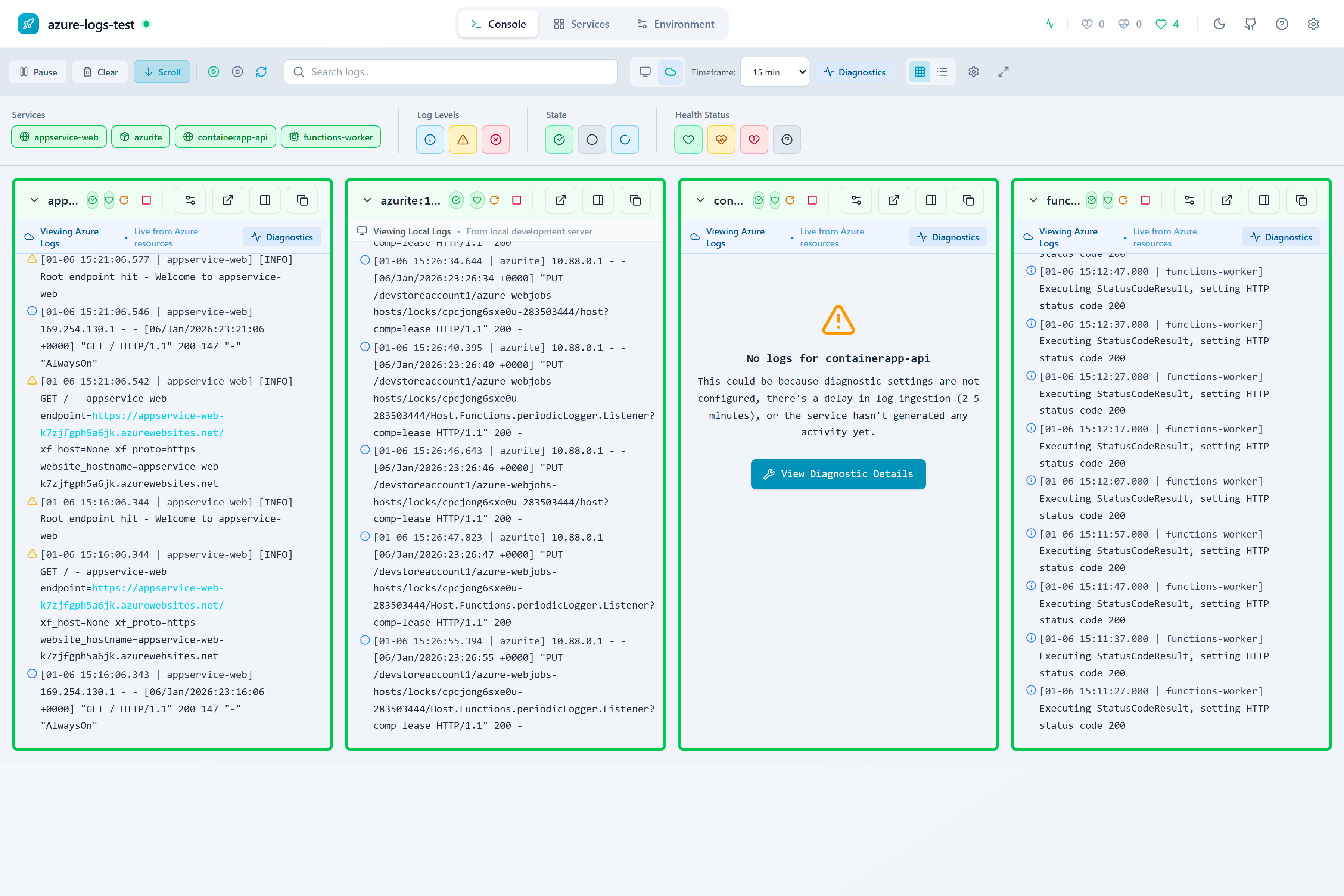 Azure logs view showing cloud logs from Container Apps, App Service, and Functions
