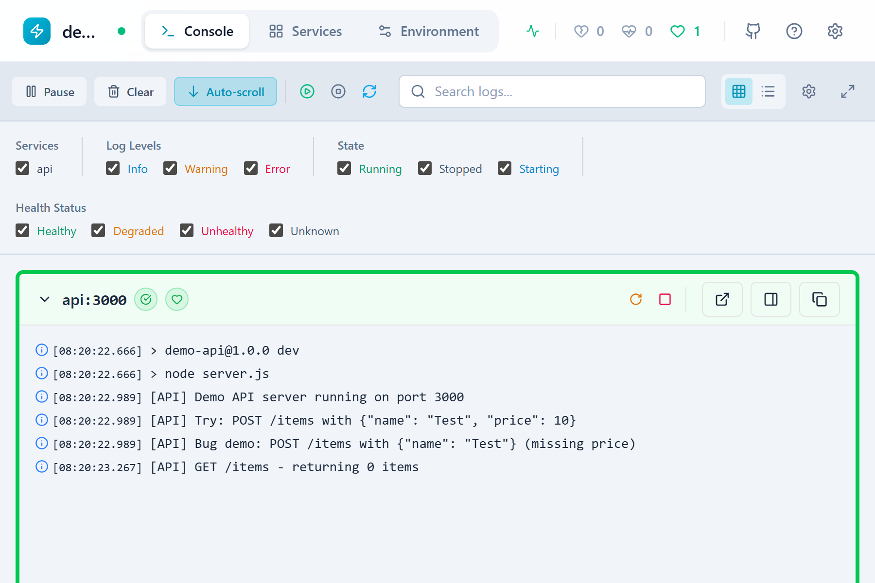 Console view showing real-time logs from all services with filtering options
