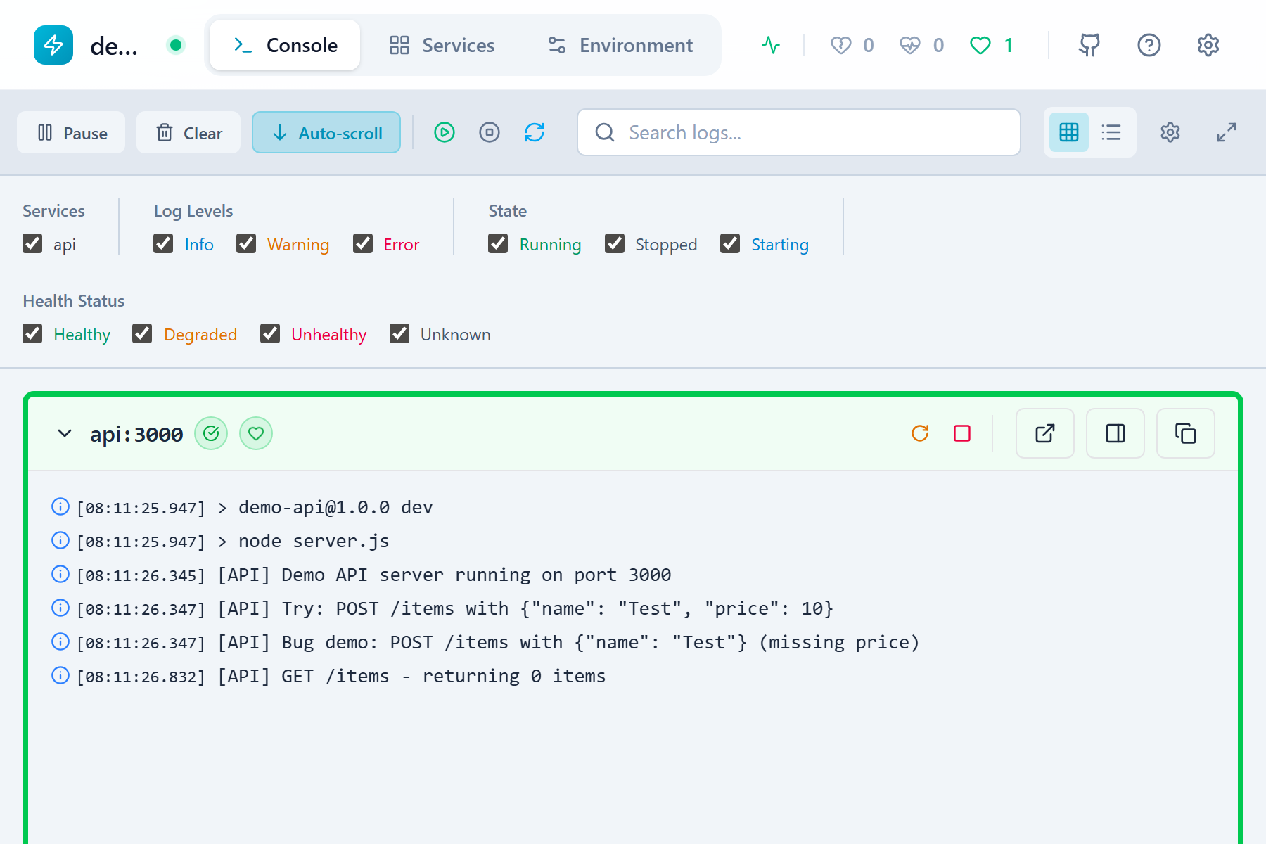 Resources view showing services as cards with detailed status information