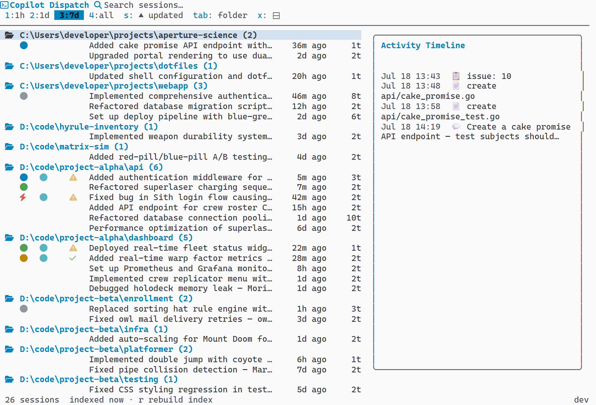 Preview pane showing chronological activity timeline