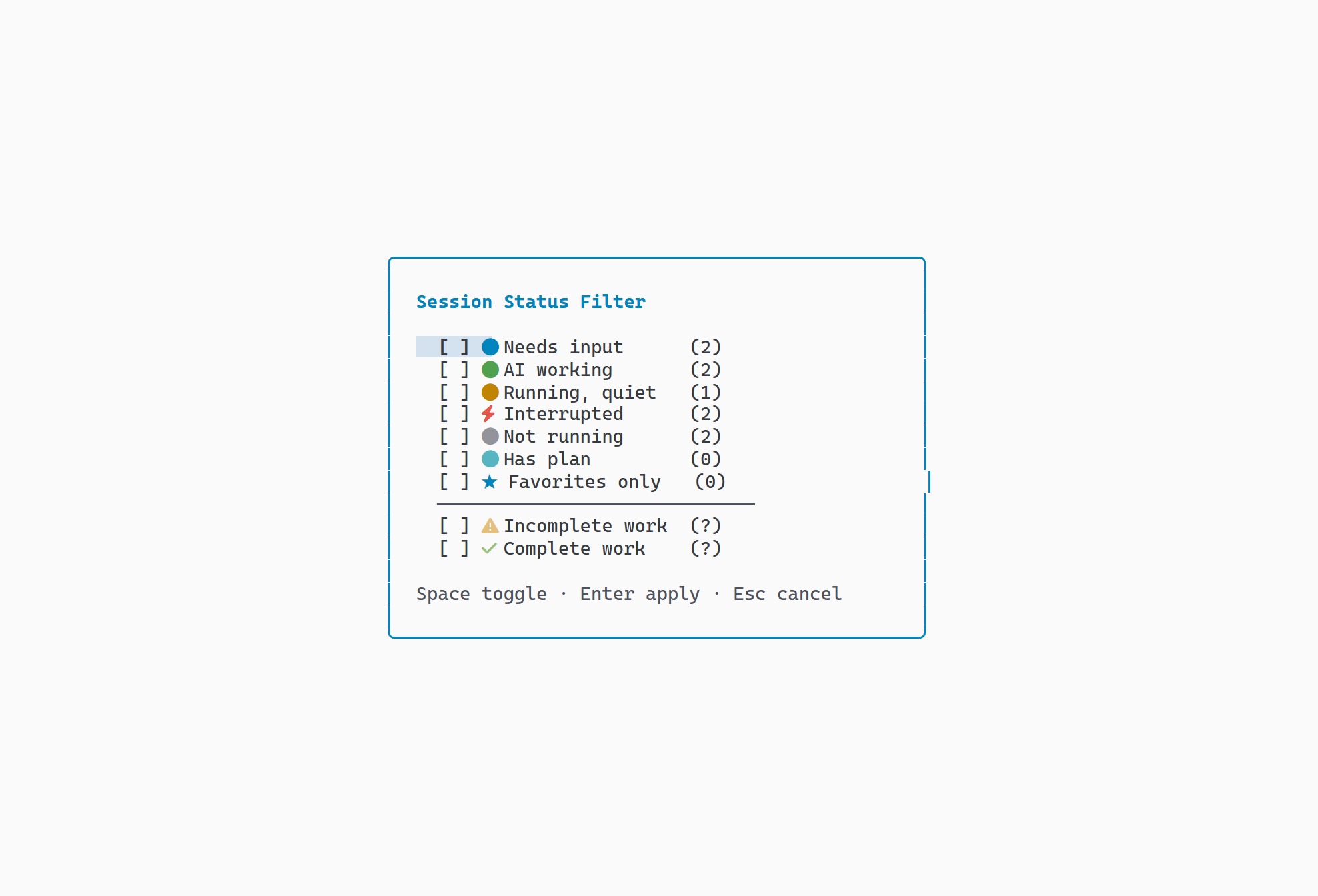 Attention status filter picker showing waiting, active, stale, interrupted, and idle options