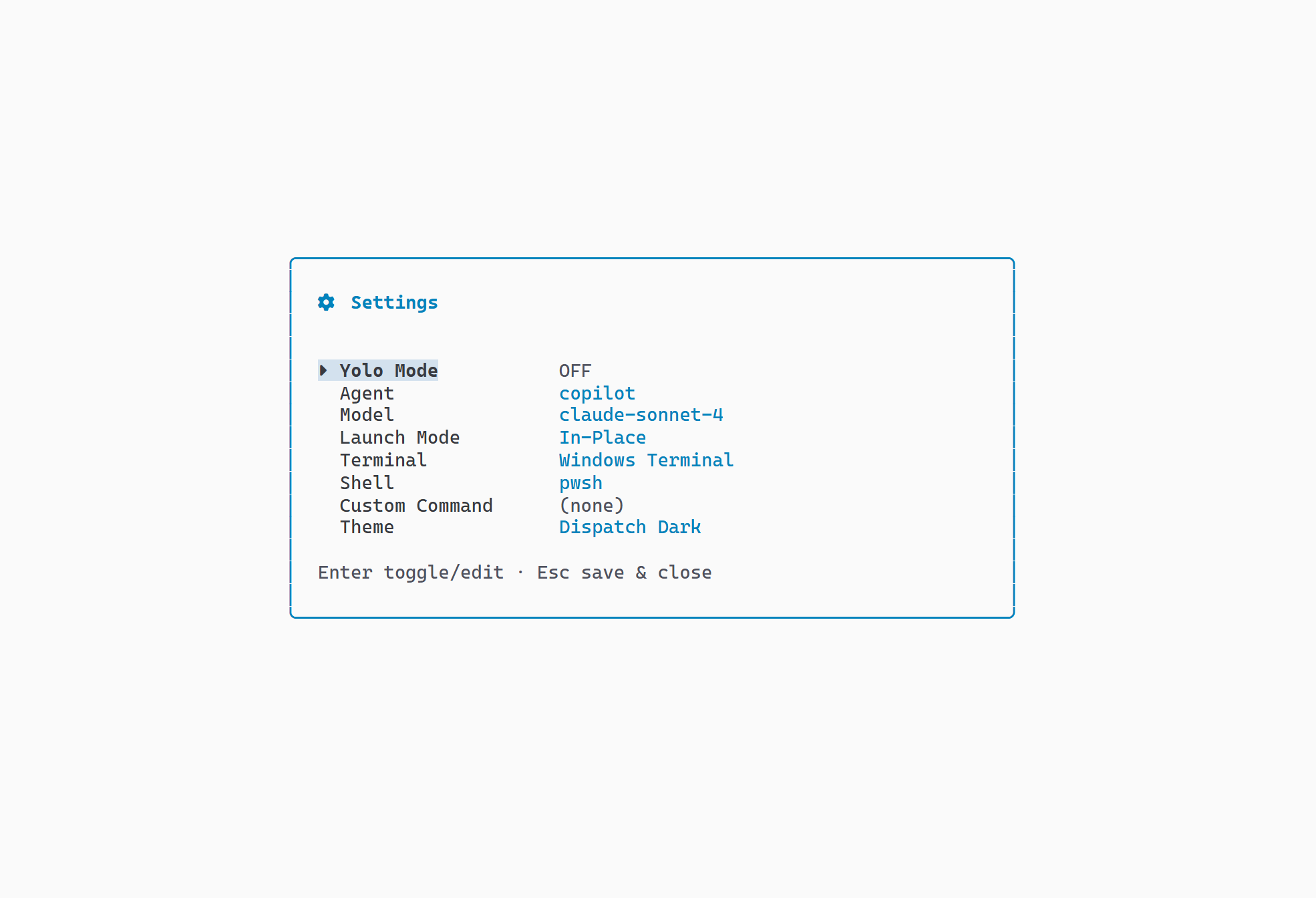 Settings panel showing all nine configuration fields