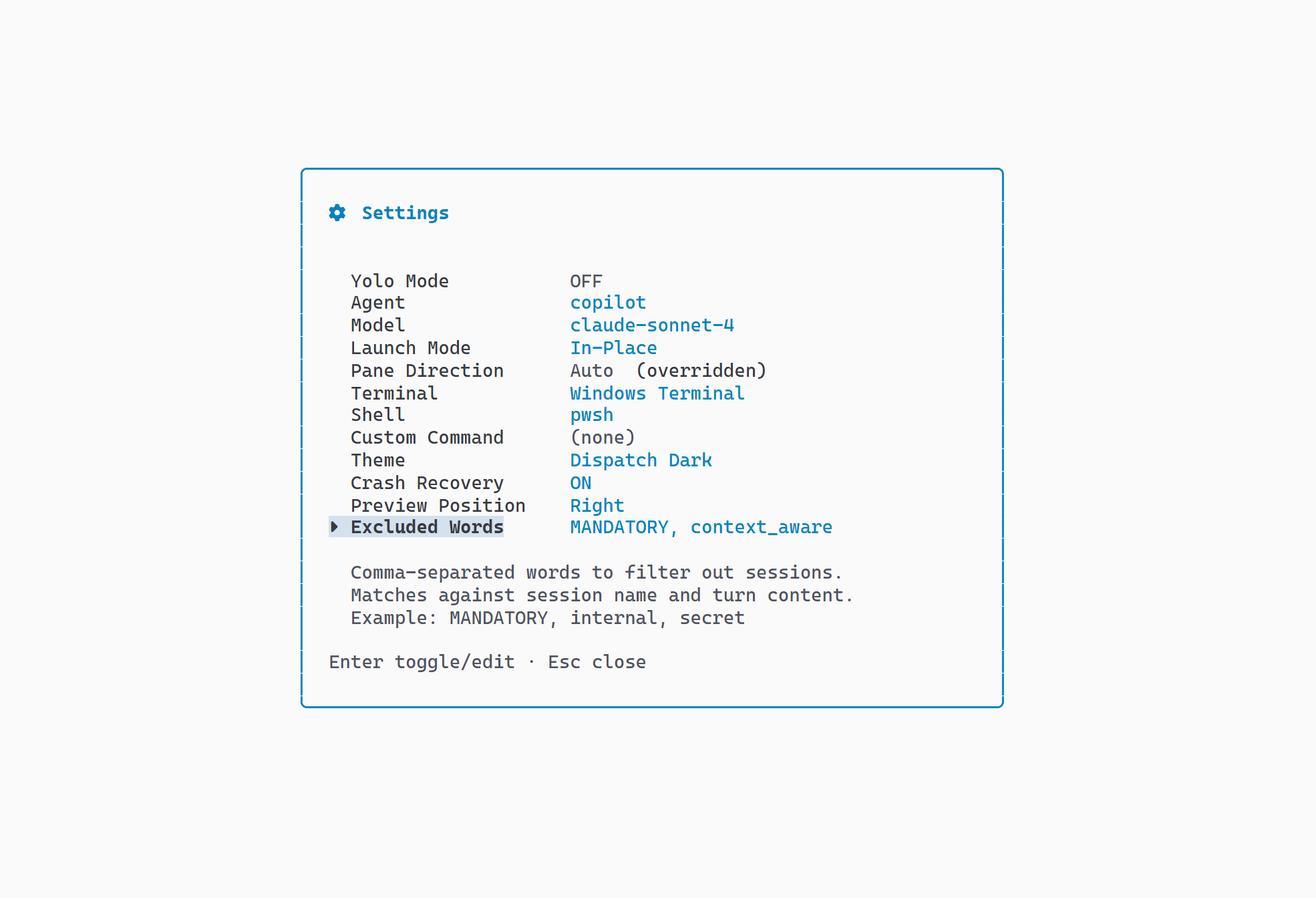 Settings panel showing Excluded Words field with comma-separated filter words
