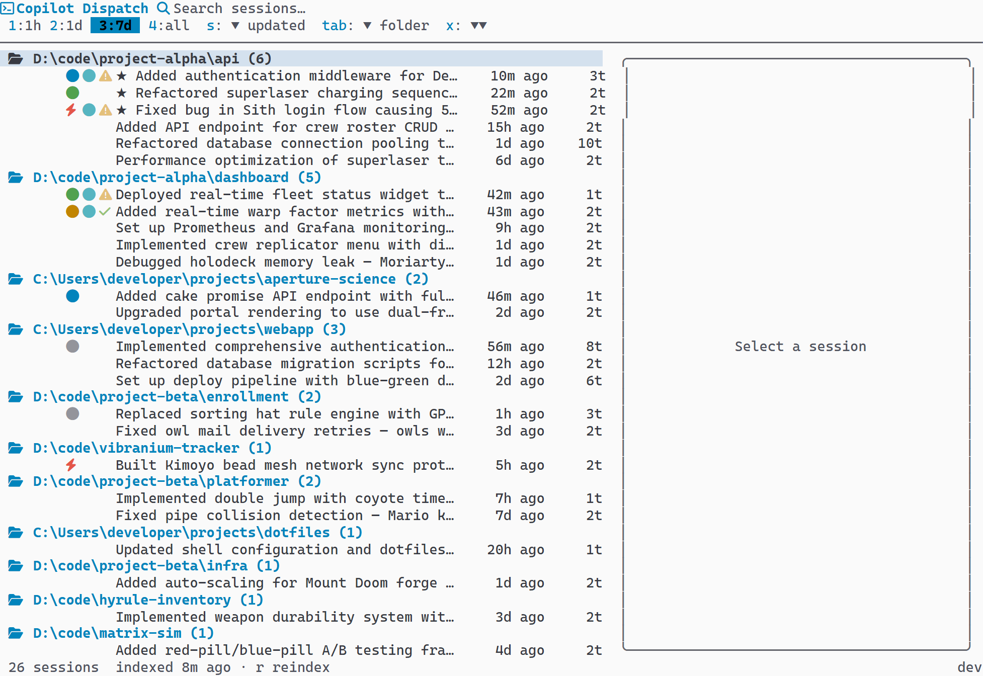 Session list with starred favorite sessions showing star indicator