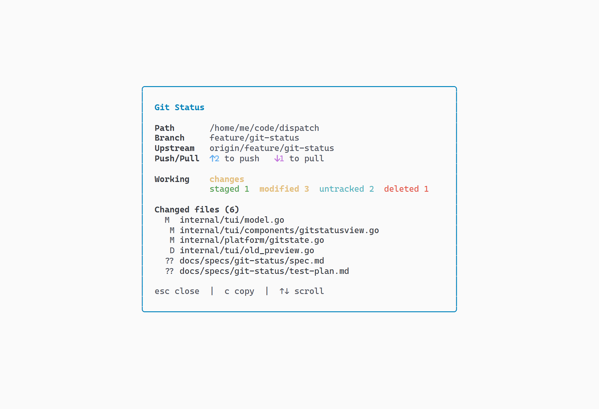 Git status overlay showing branch, upstream, push and pull counts, working-tree changes, and a changed-file list