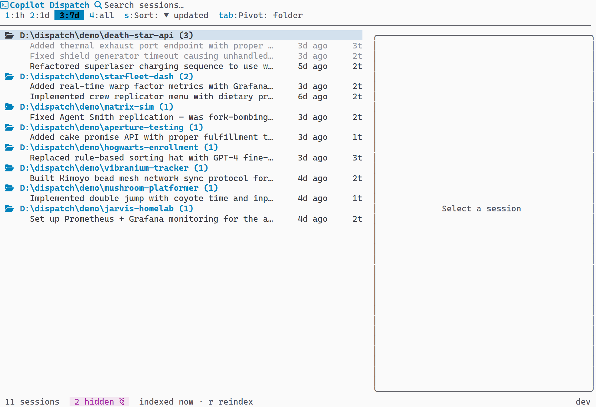 Session list with hidden sessions shown dimmed and eye indicator in footer