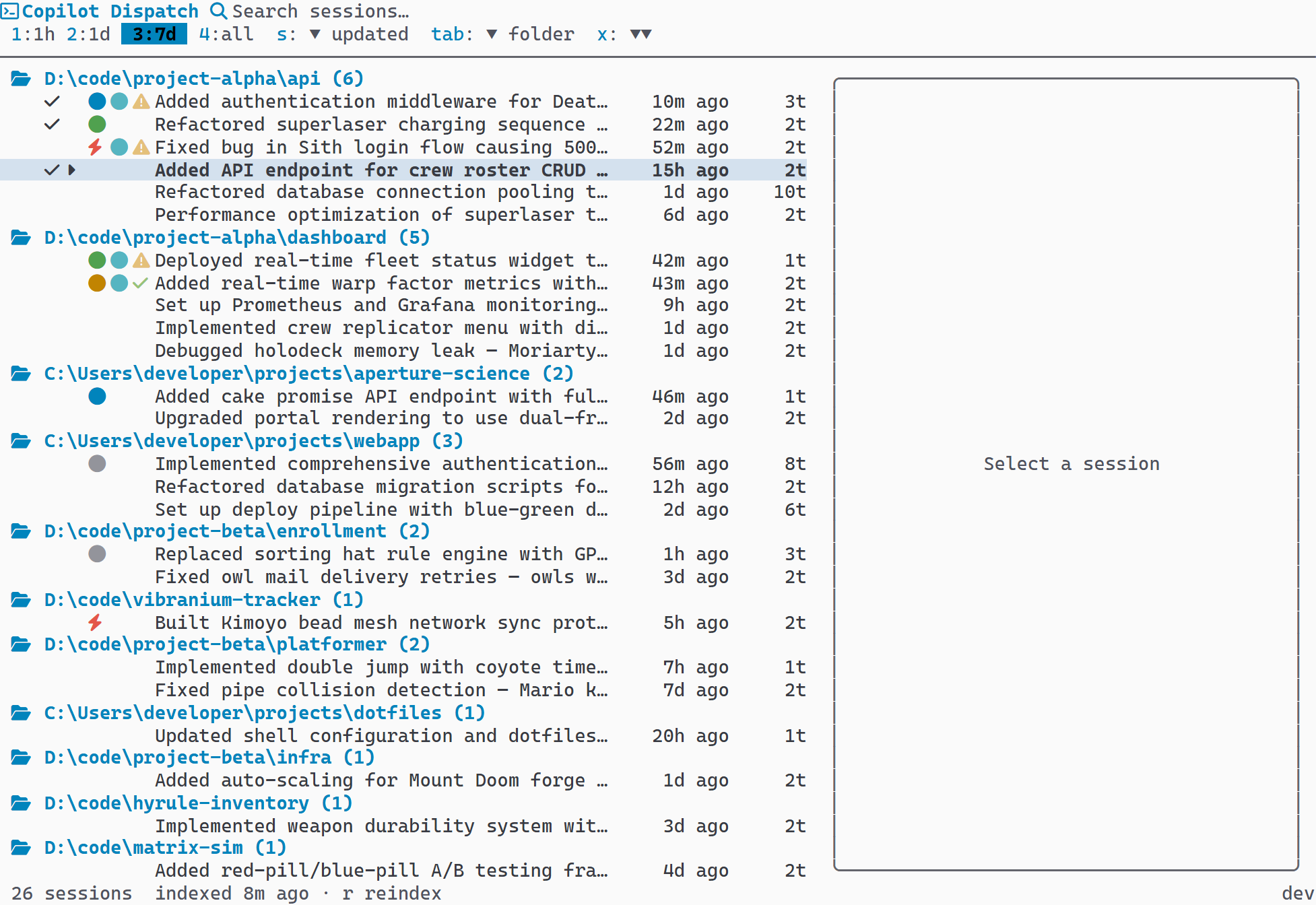 Session list with multiple sessions selected showing checkmarks