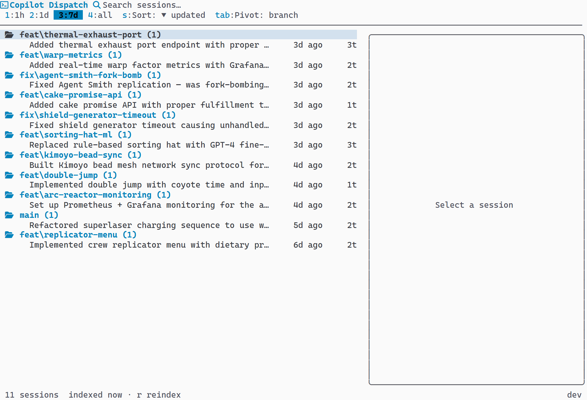Sessions grouped by Git branch