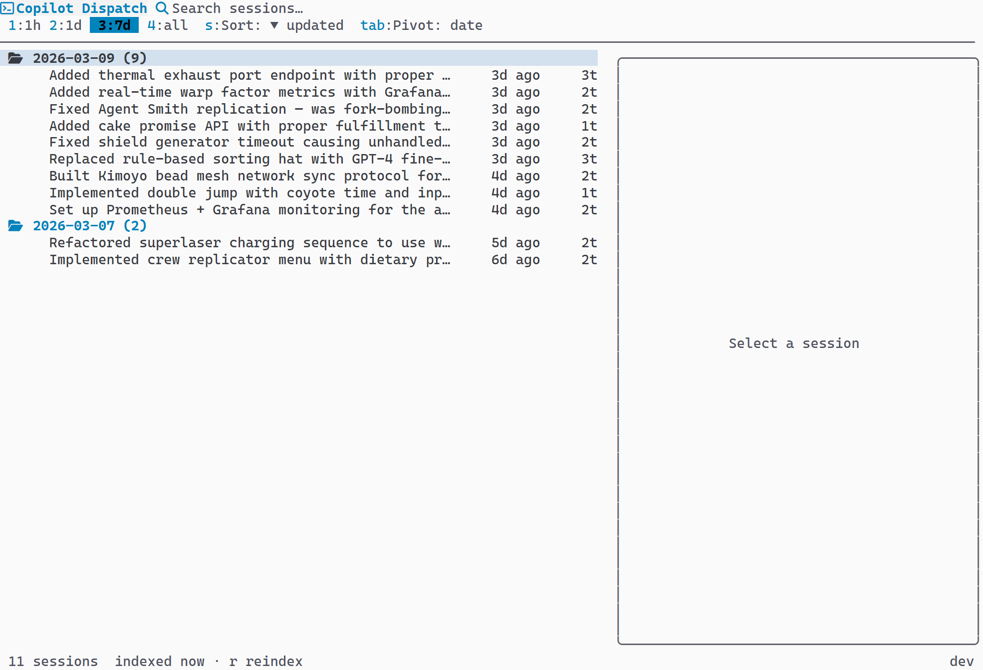Sessions grouped by date