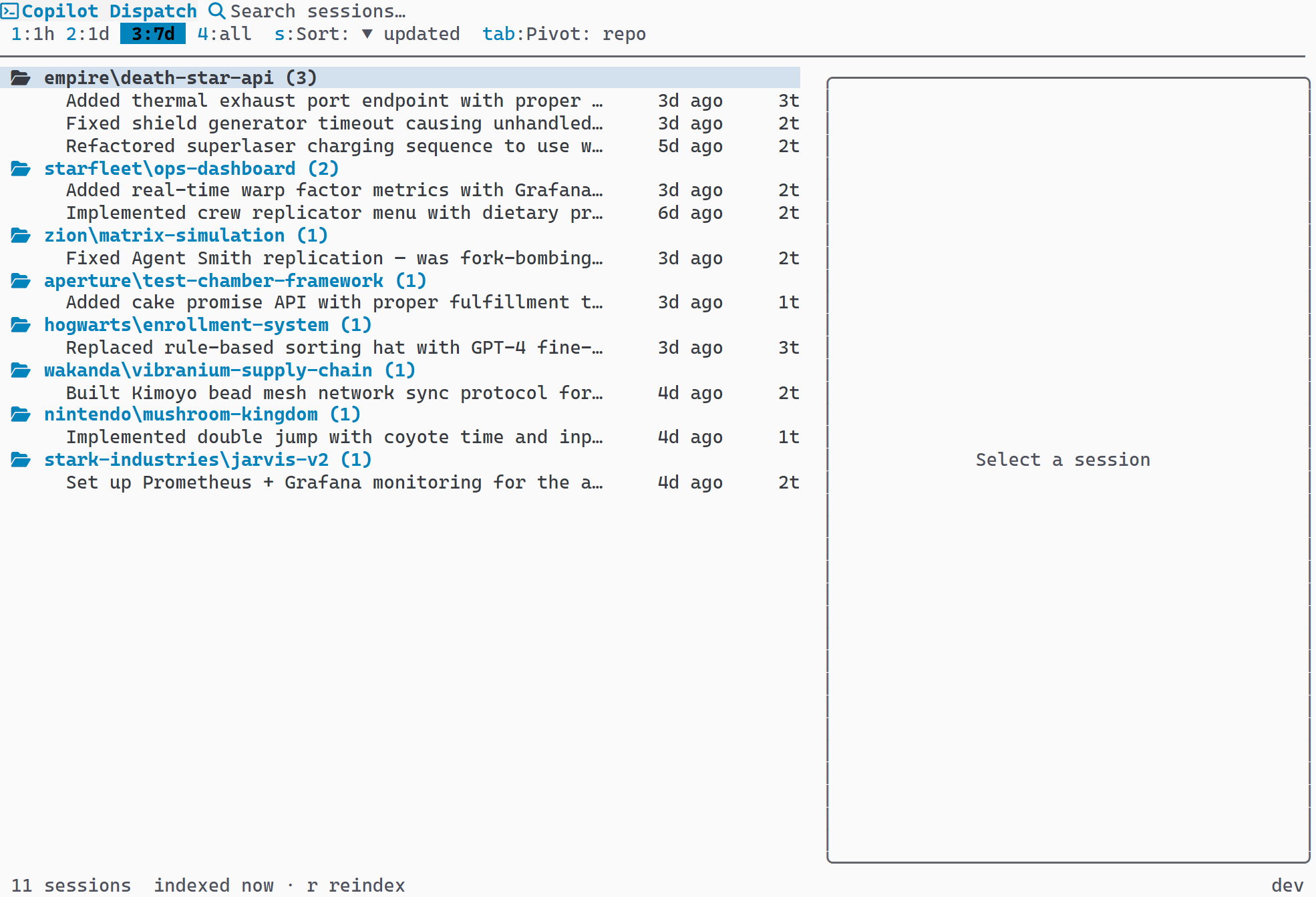 Sessions grouped by Git repository