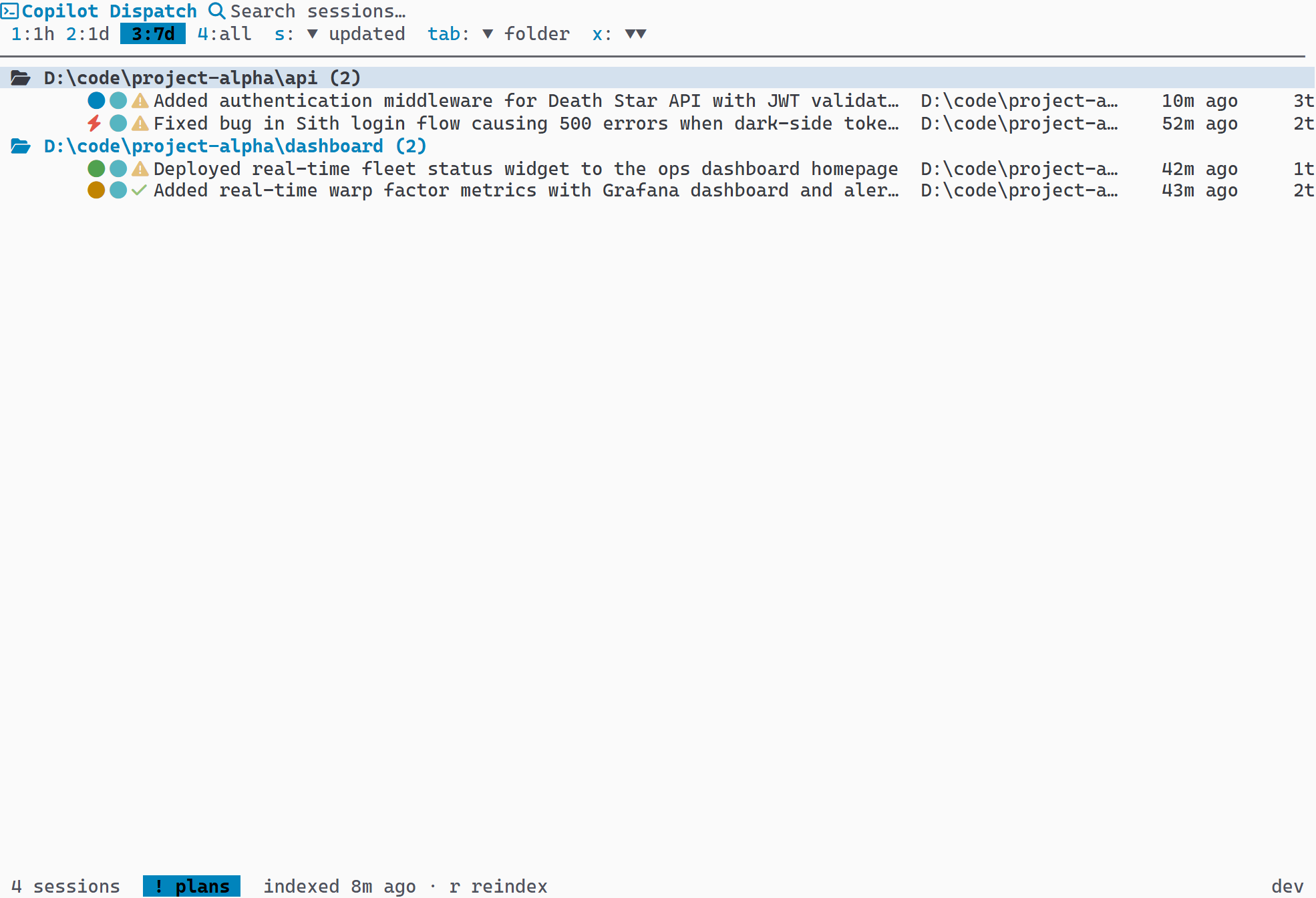 Session list filtered to show only sessions with plans