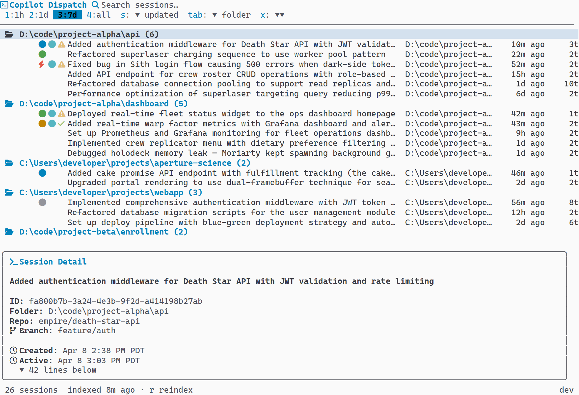 Preview pane positioned below the session list