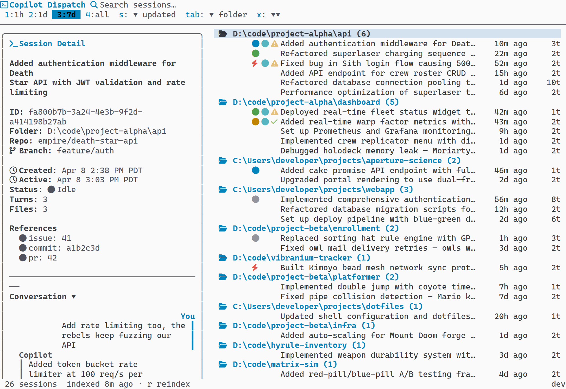 Preview pane positioned to the left of the session list