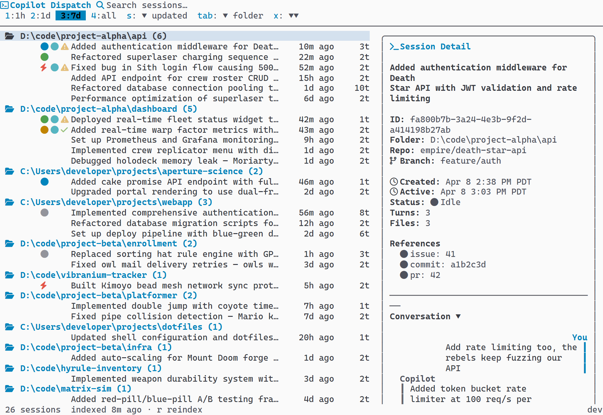 Preview pane positioned to the right of the session list
