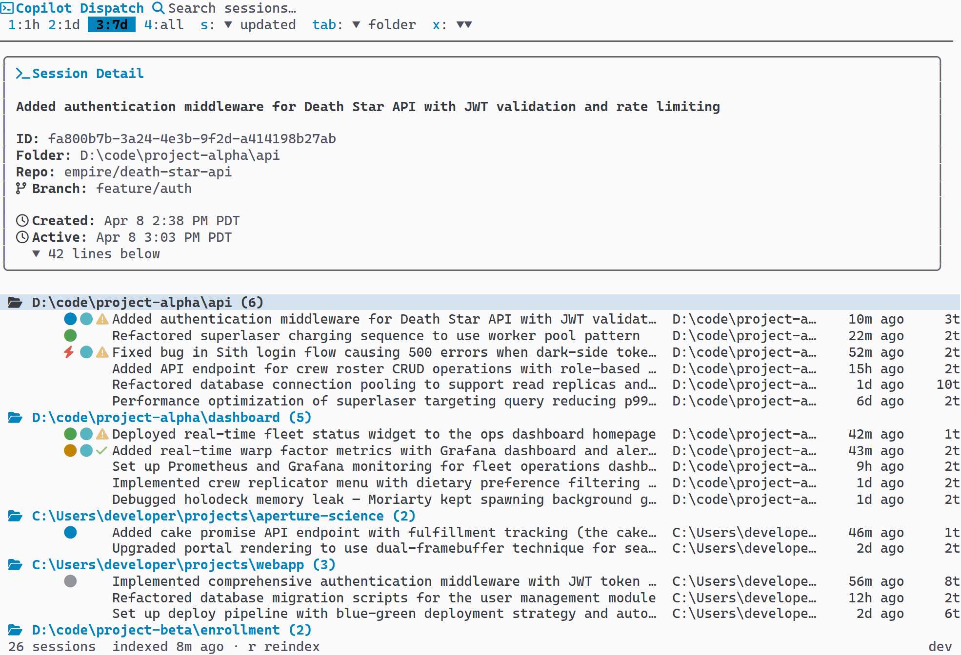 Preview pane positioned above the session list
