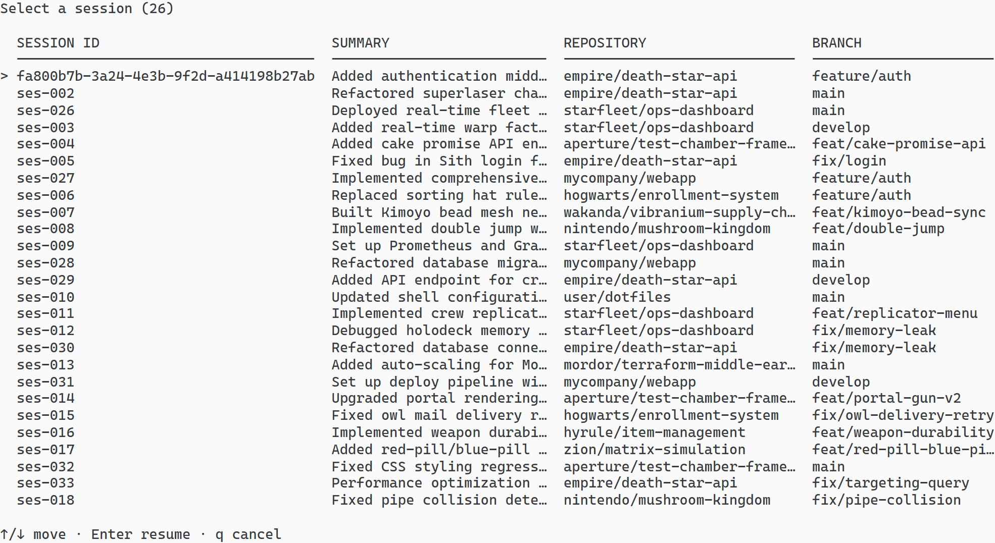 Terminal session picker showing session IDs, summaries, repositories, and branches