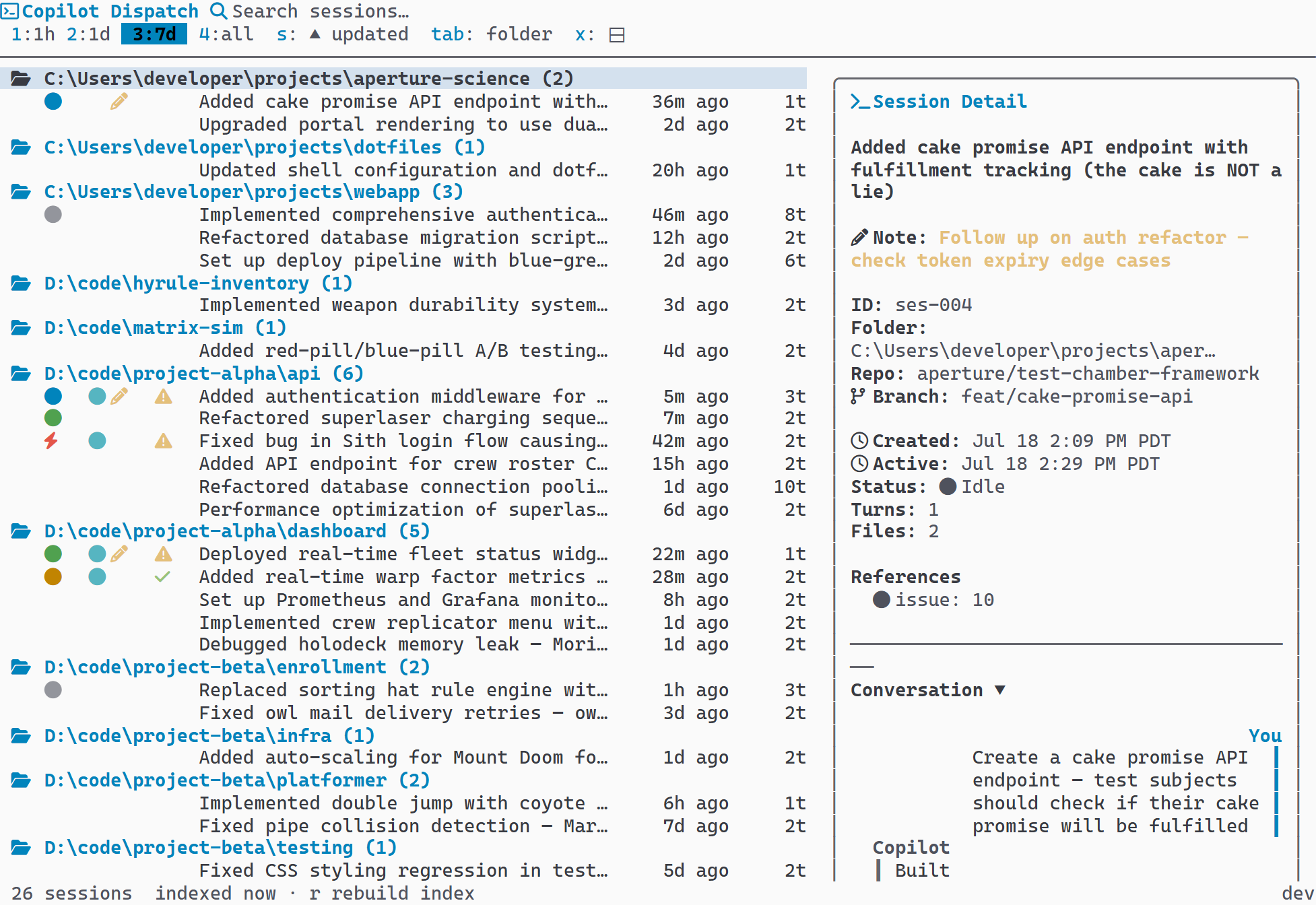Session list with note indicators and preview showing note text