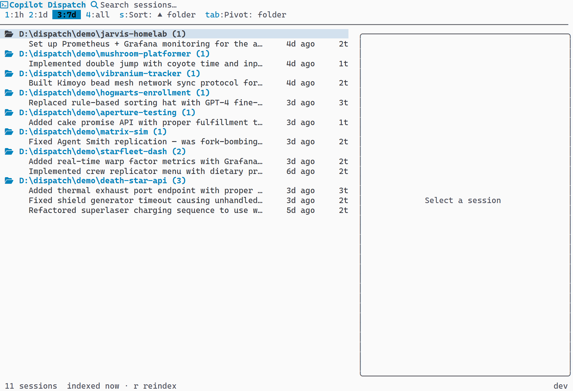 Session list sorted alphabetically by folder