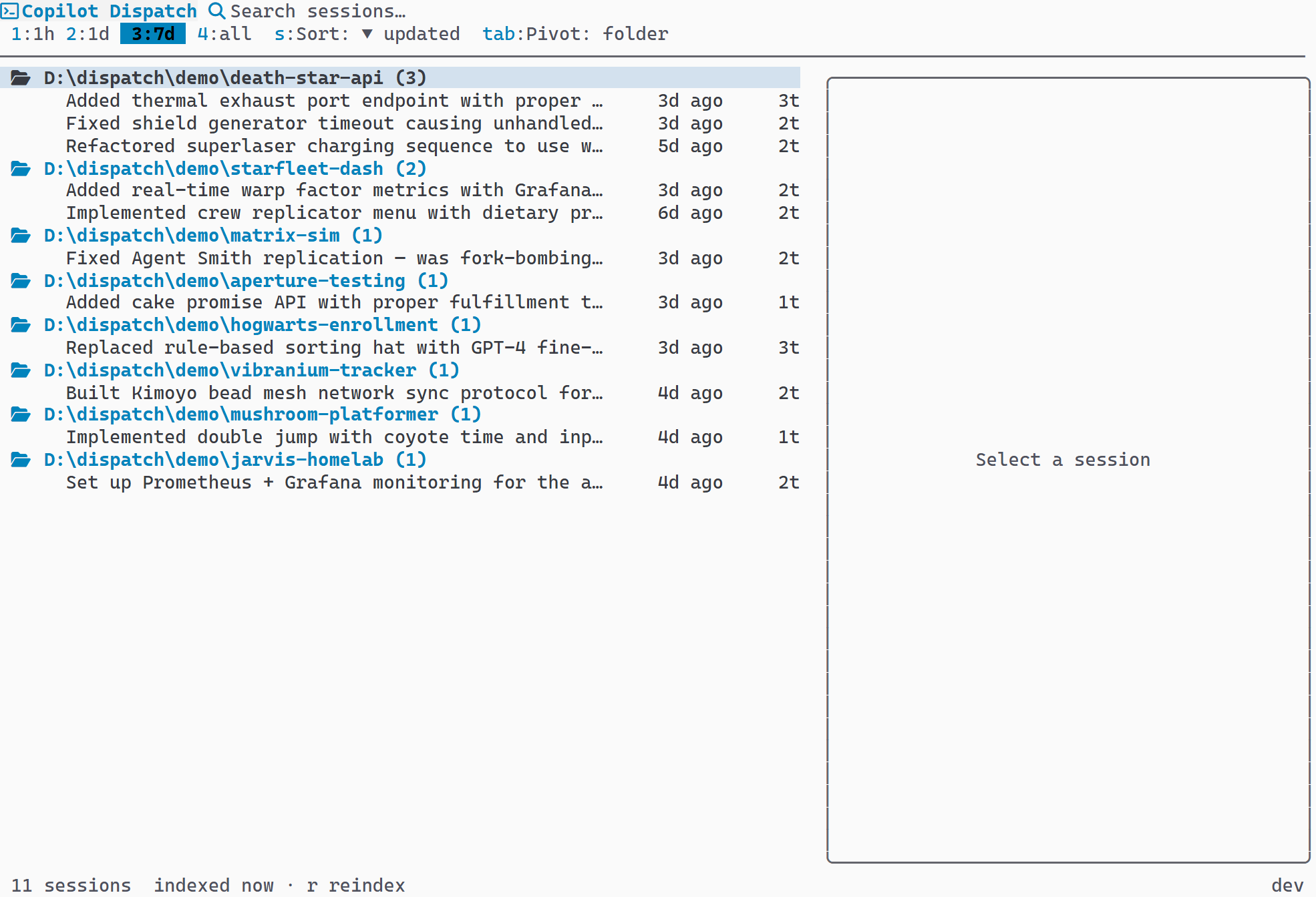 Expanded folders revealing individual sessions