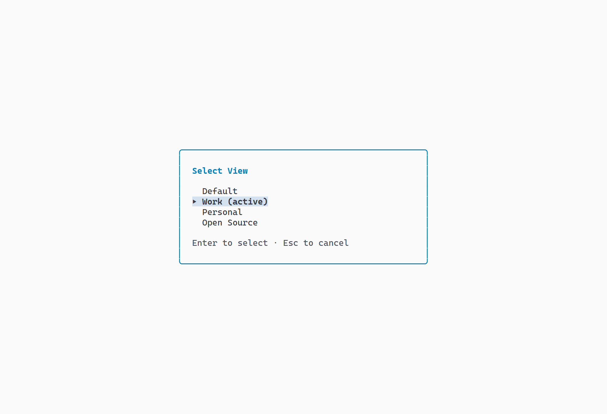 Named view picker overlay with preset filter options