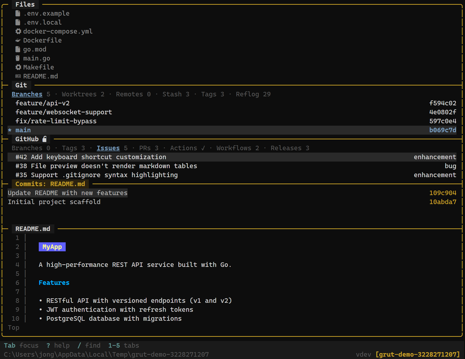 Git commits panel showing recent commits with details
