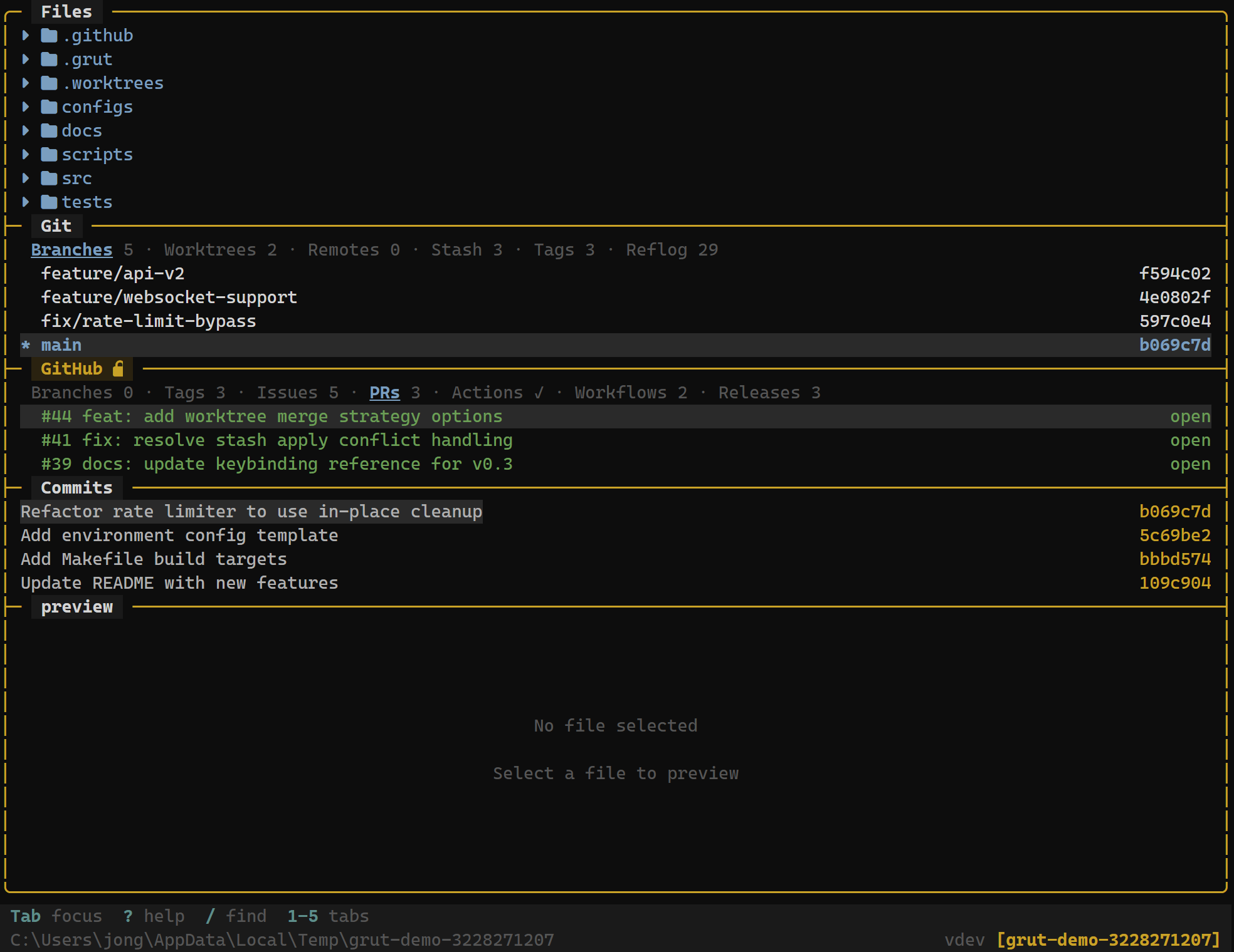 GitHub pull requests panel in grüt