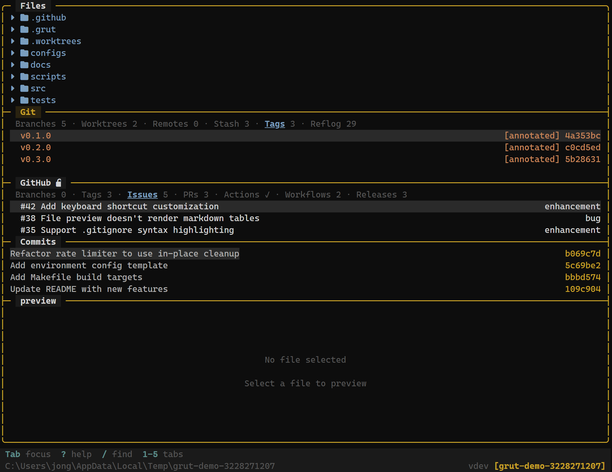 GitInfo panel showing local and remote tags with dates and annotations
