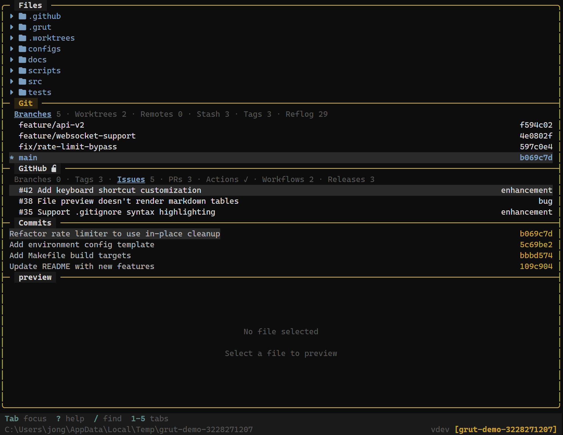 Git info panel with branches, tags, and status