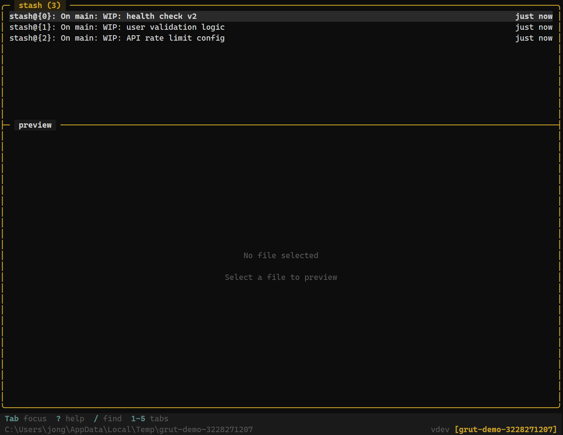 Git stash panel listing saved stashes with messages