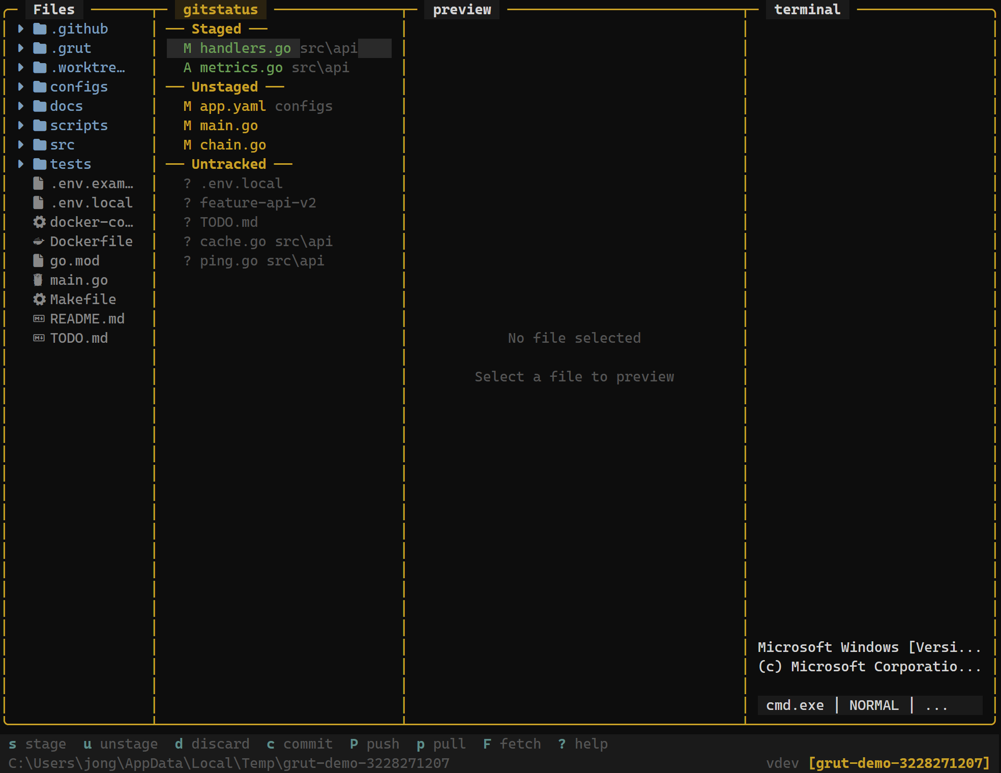Git status panel showing staged and unstaged changes