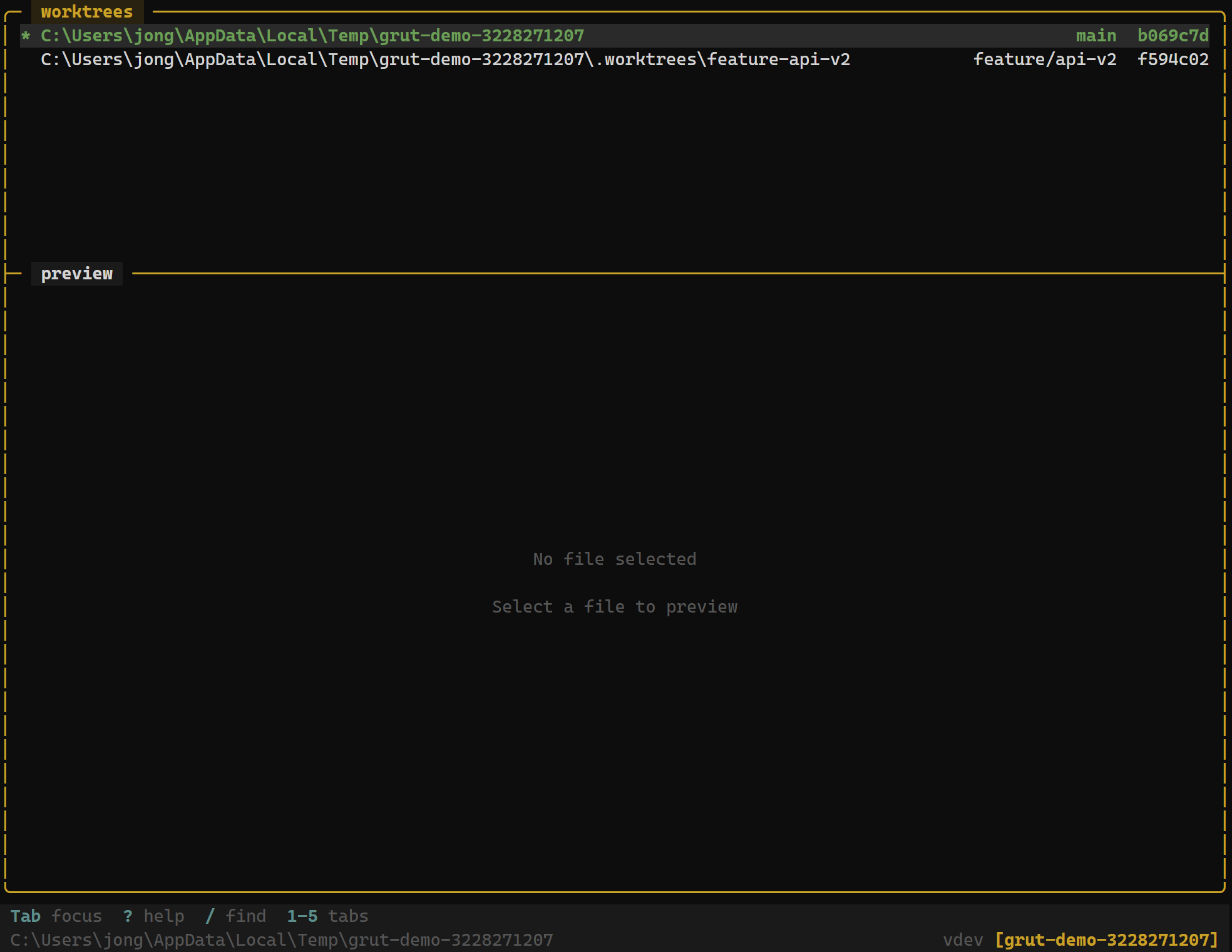 Git worktrees panel listing active worktrees with branch names and paths