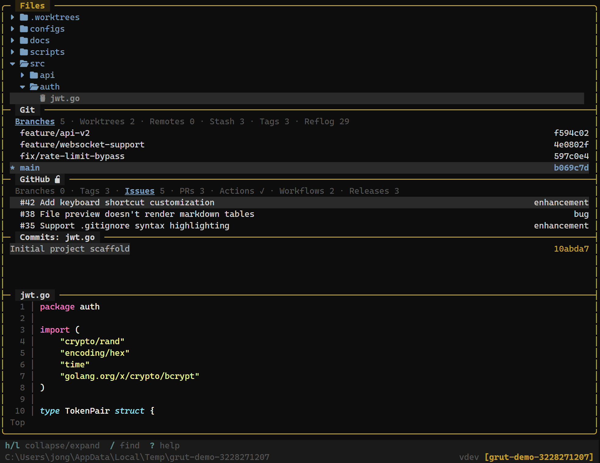 grüt terminal interface showing the explorer layout with file tree, git info, and preview panels