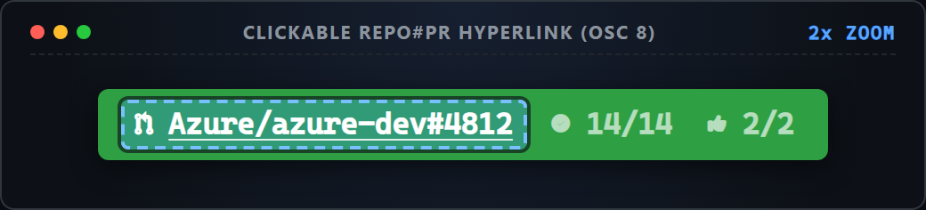Up-close screenshot of clickable Repo#PR link token